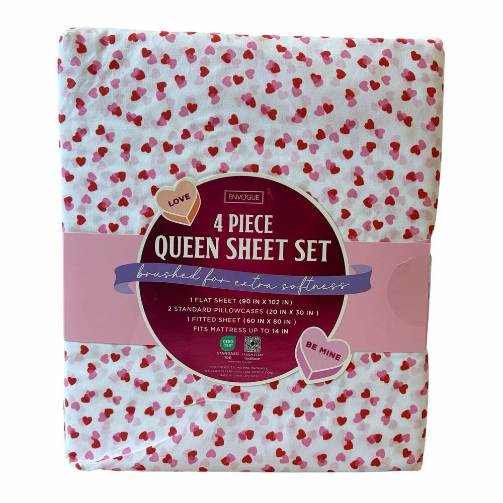 ENVOGUE Overlapping Hearts QUEEN Sheet Set 4pc Pink Red Valentines Day NEW